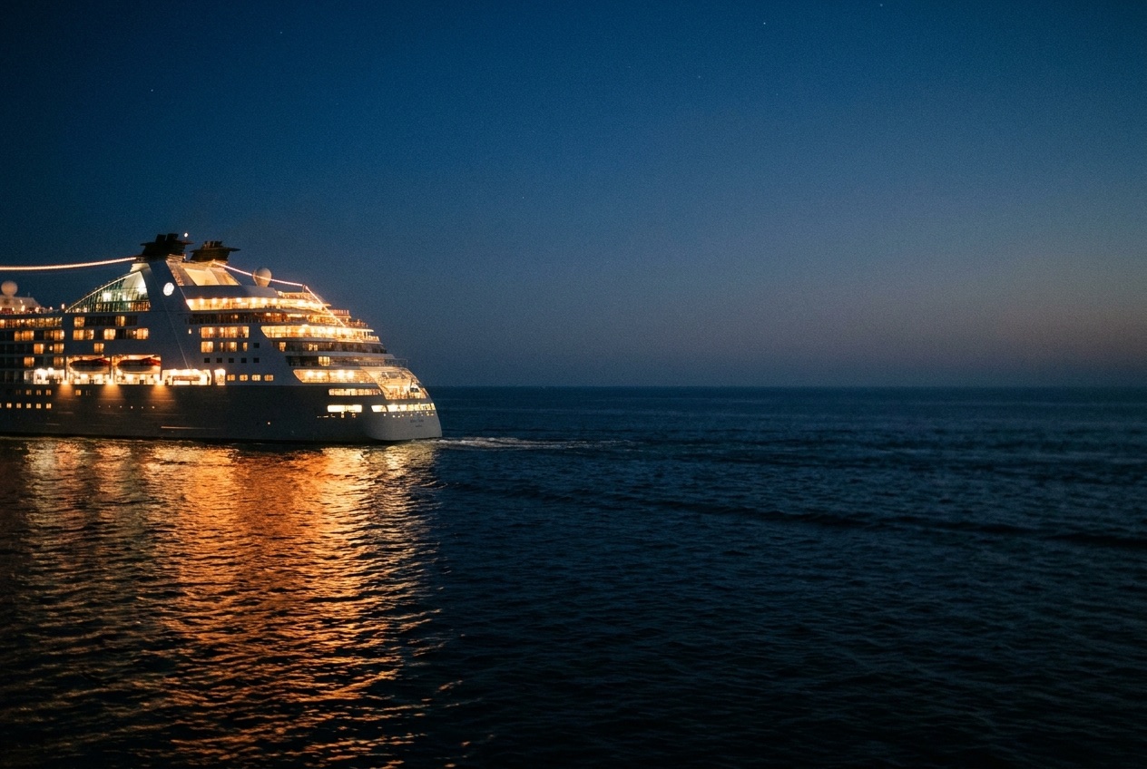 Cruise ship bow at night under dramatic sky