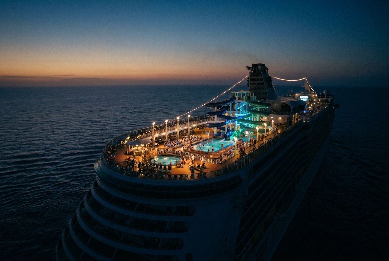 Festive cruise ship at dusk with illuminated waterslide