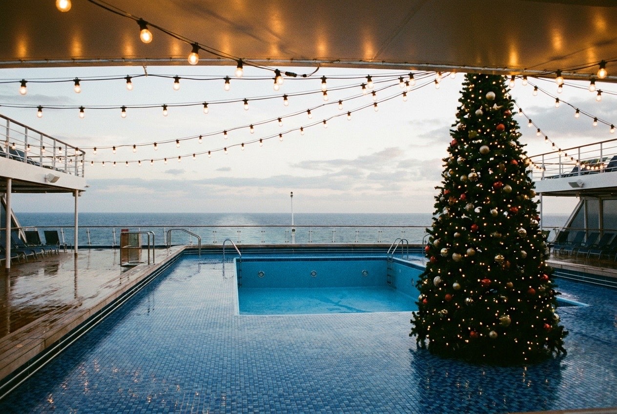 Cruise ship pool deck decorated with festive holiday lights at dusk