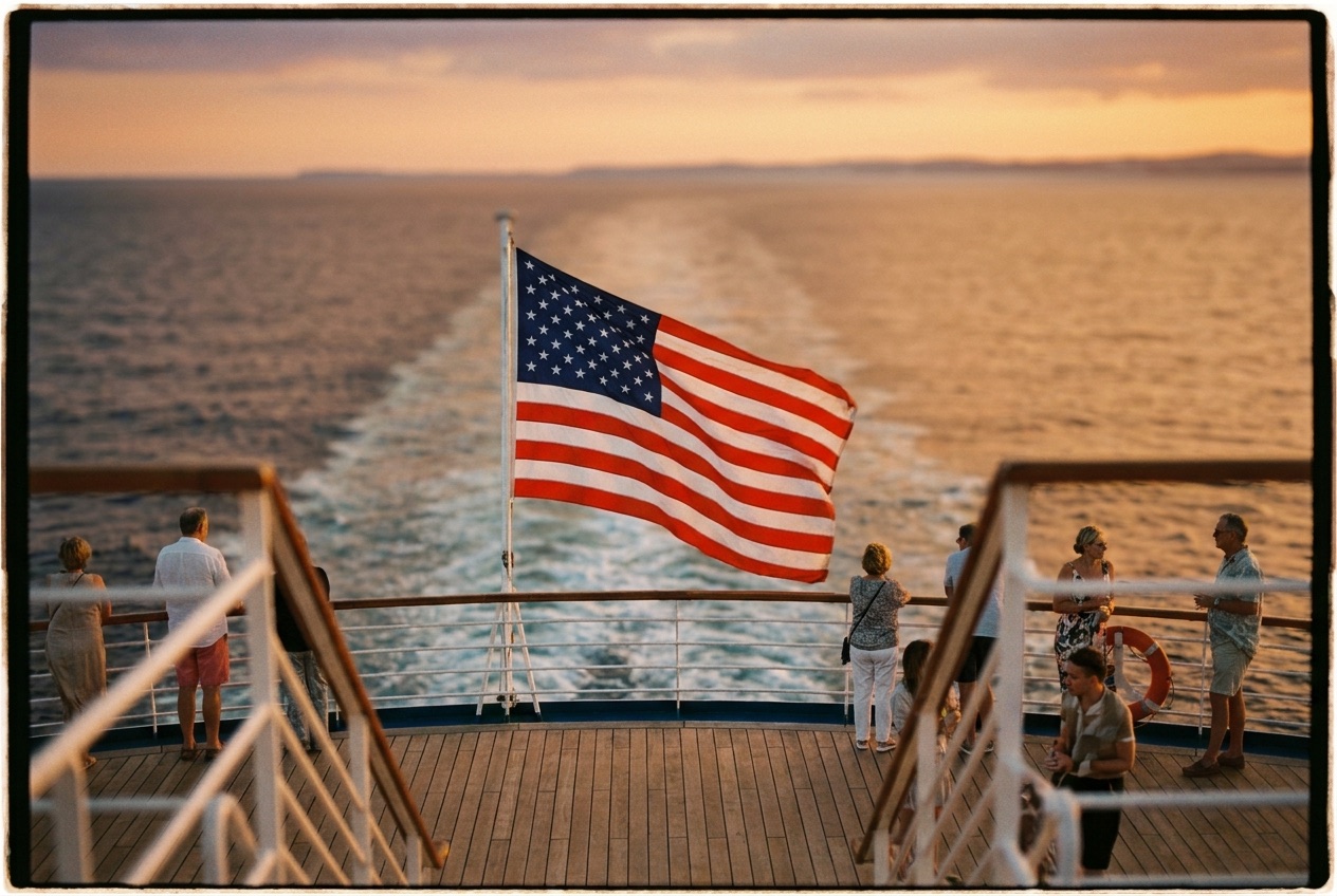 American flag flying from the stern of a cruise ship at golden hour