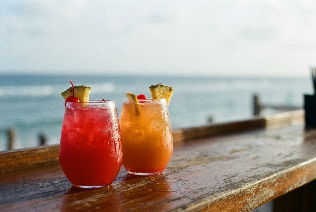 Cocktails on a cruise ship bar at sunset