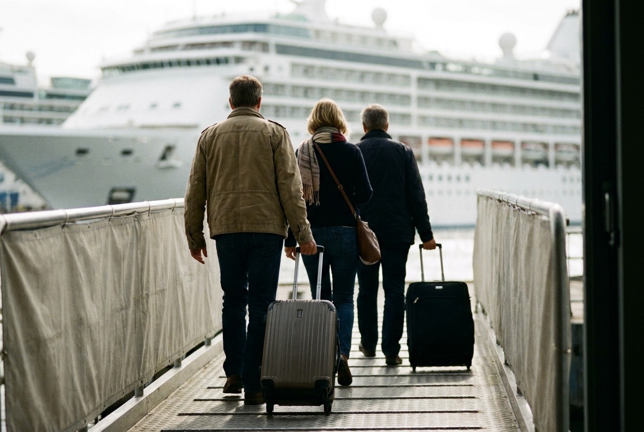 Travelers walking up a gangway toward a cruise ship on embarkation day