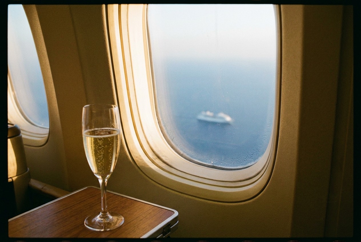 View from a business class airplane window of the ocean with a cruise ship below