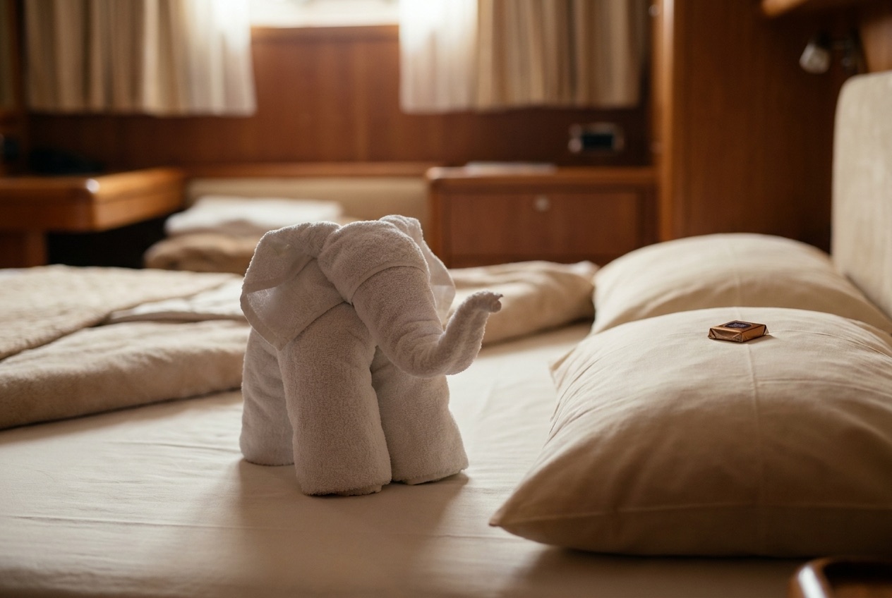 Towel animal on a neatly made cruise ship cabin bed