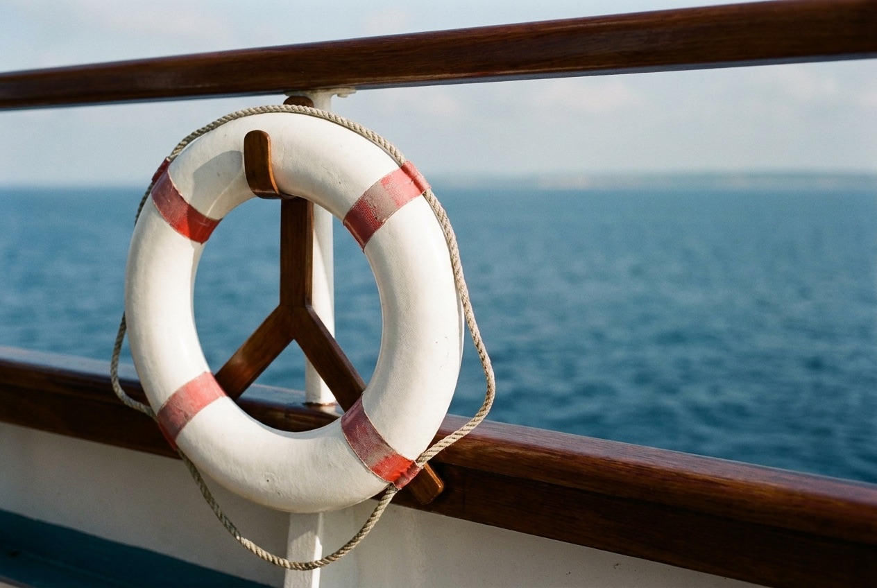 Life ring on a polished cruise ship railing over a calm ocean