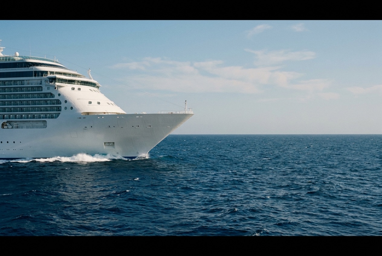 Modern cruise ship at sea in bright sunlight