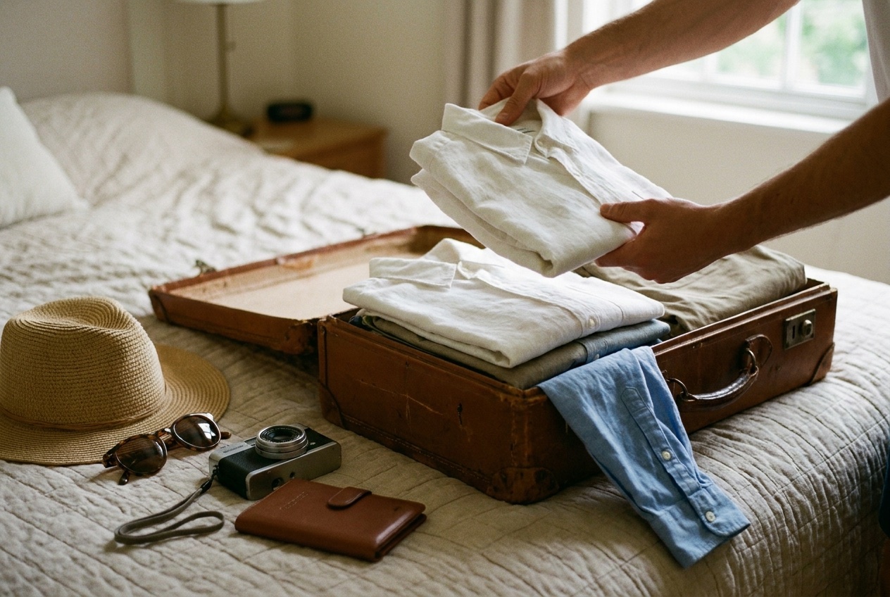 Packing a suitcase with travel documents for a cruise