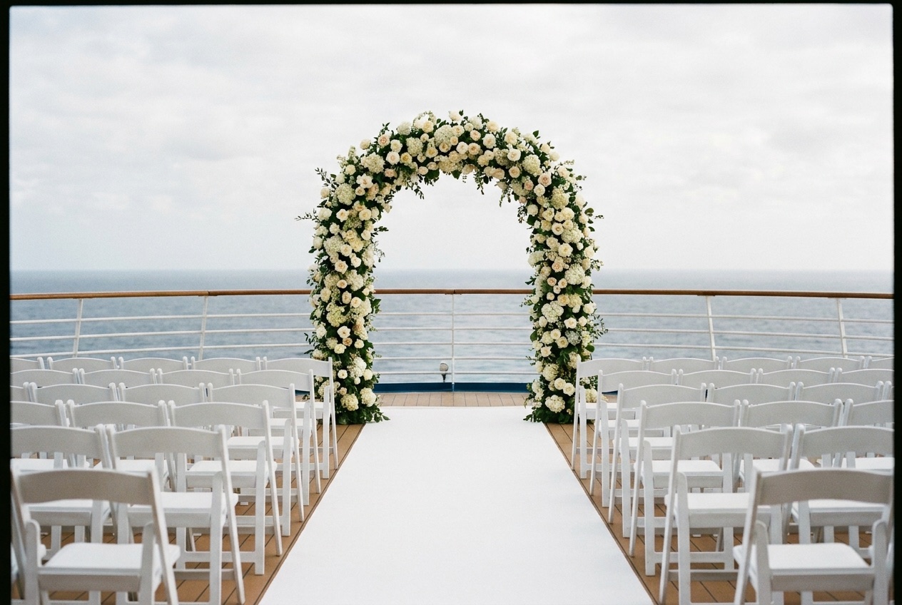 Wedding arch with white flowers on a cruise ship deck