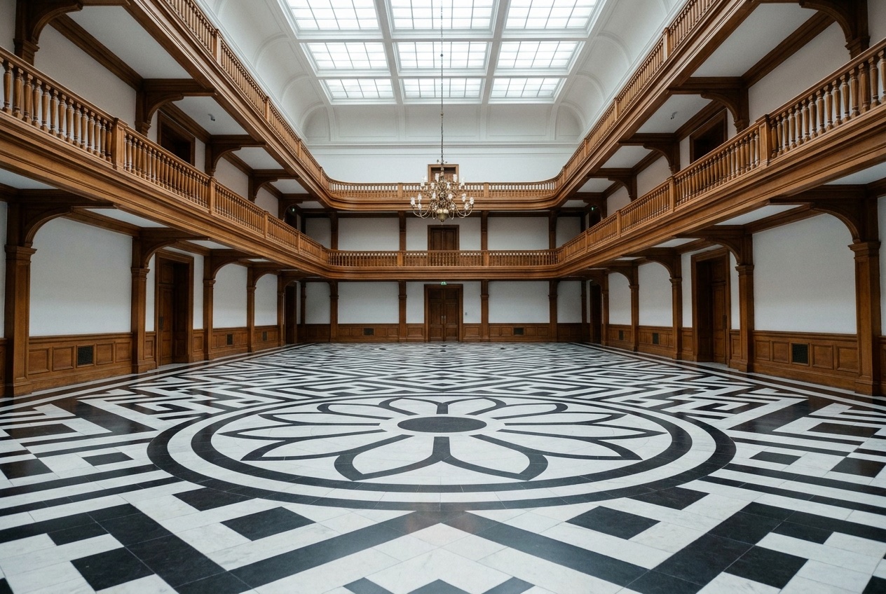 Elegant cruise ship atrium with a sweeping staircase