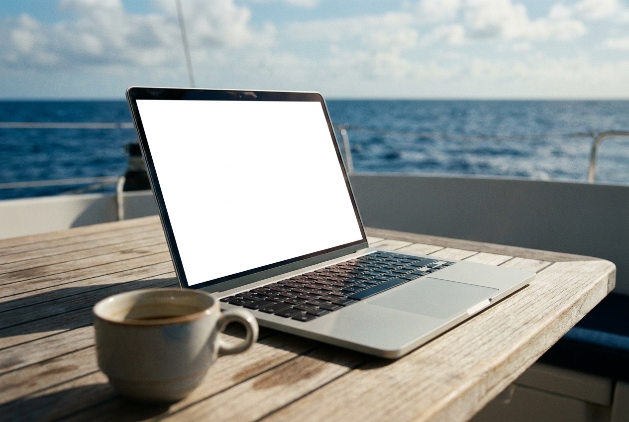 Laptop on a cruise ship deck table overlooking the ocean