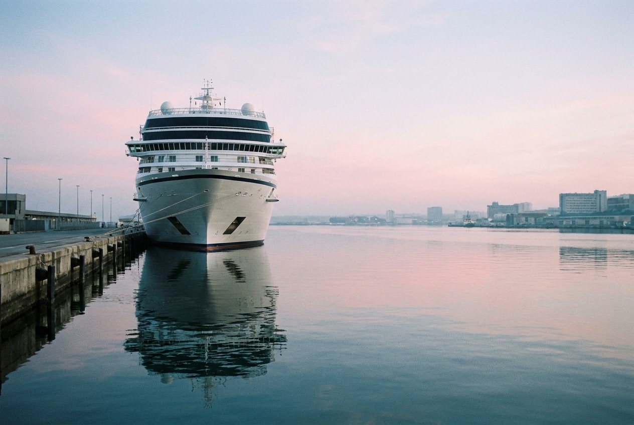 Cruise ship docked in Baltimore harbor at dawn