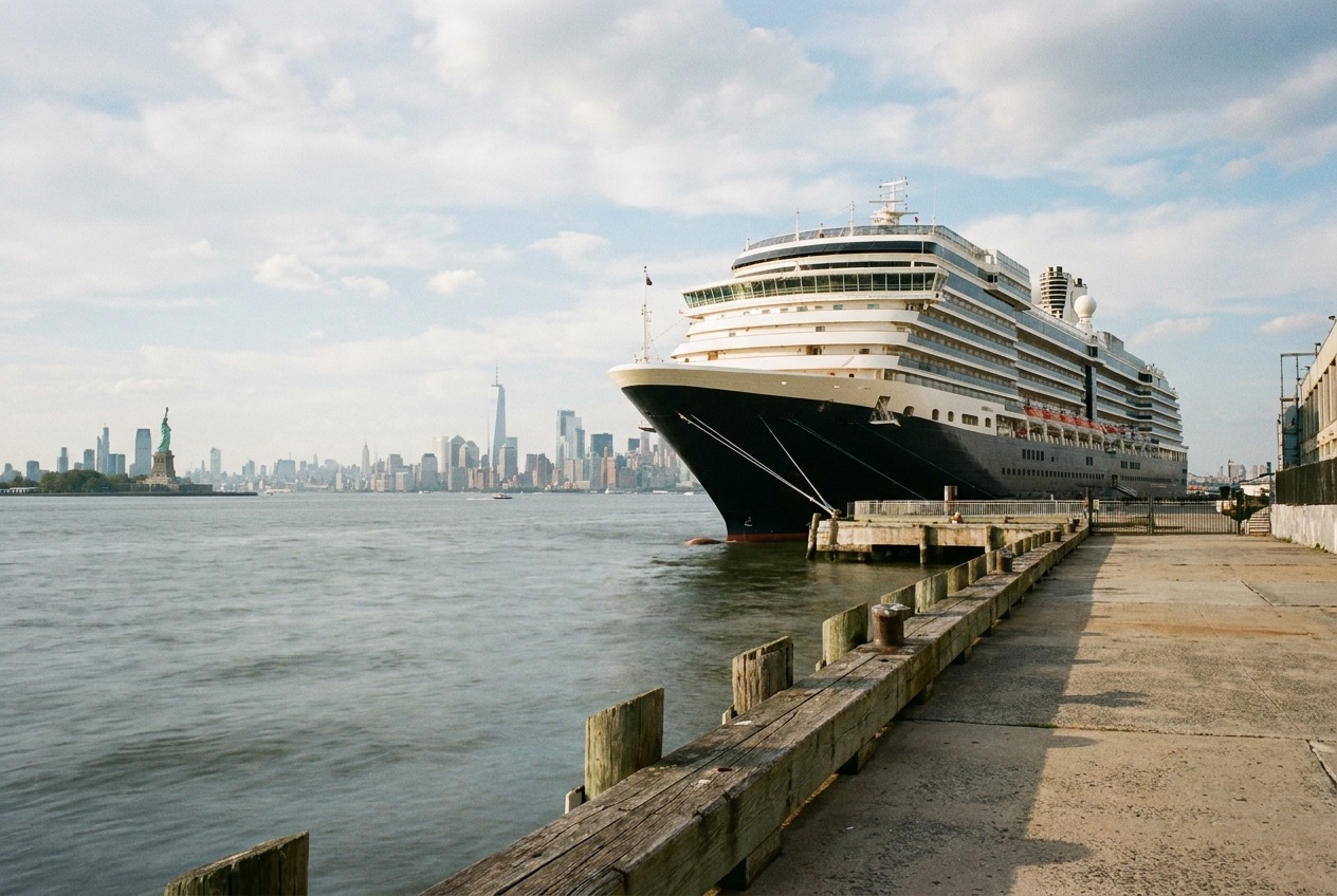 Cruise ship at Cape Liberty terminal with the New York City skyline behind