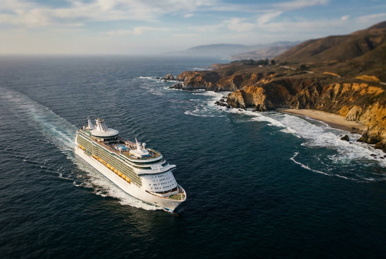 Cruise ship off the Southern California coast with palm trees