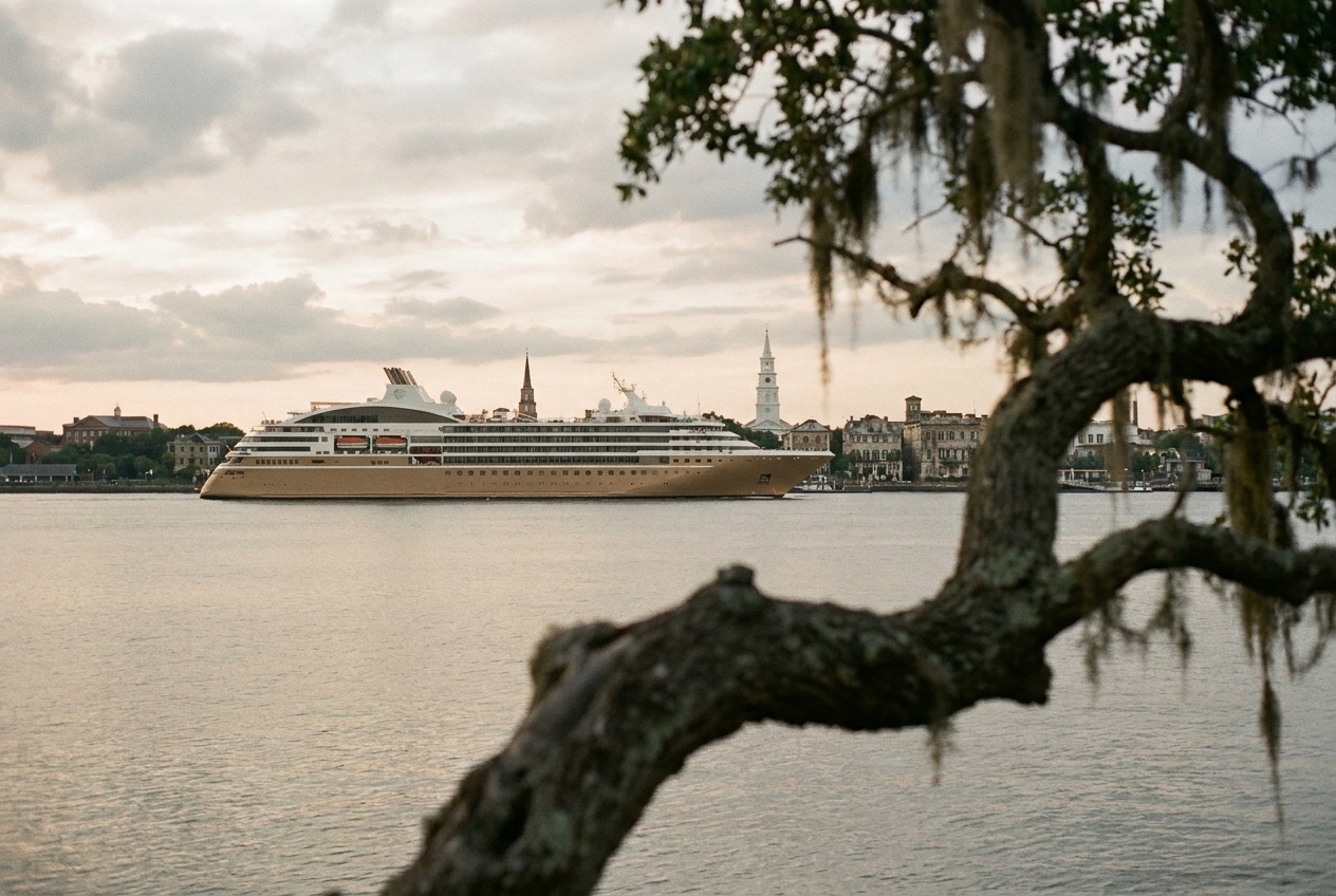 Historic Charleston waterfront with church steeples and pastel houses