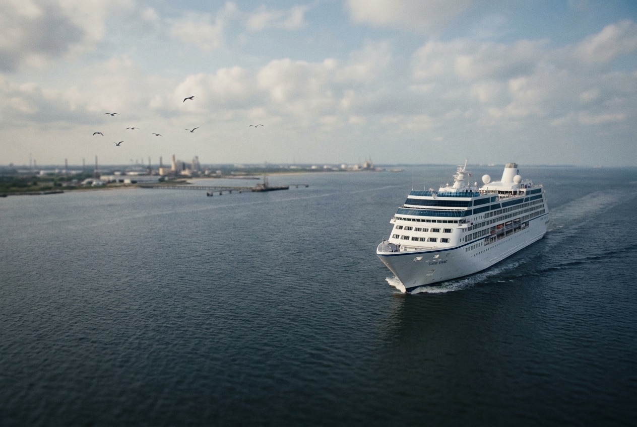 Cruise ship departing Galveston into the Gulf at sunset
