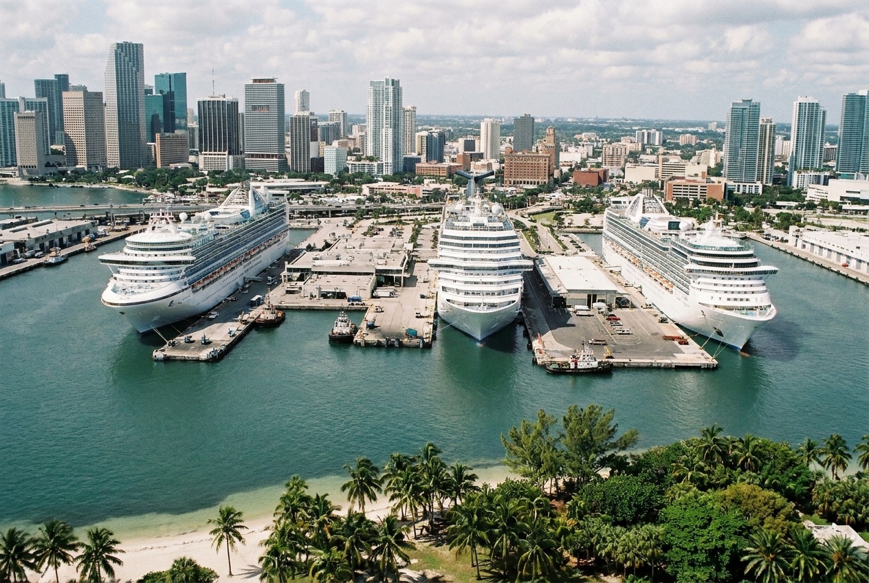 Cruise ships docked at the Port of Miami with the downtown skyline behind