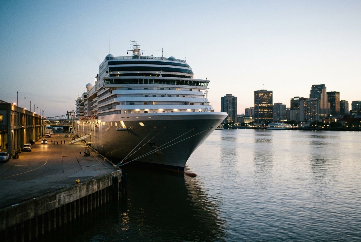 Cruise ship docked at the Mobile Alabama riverfront terminal at dusk