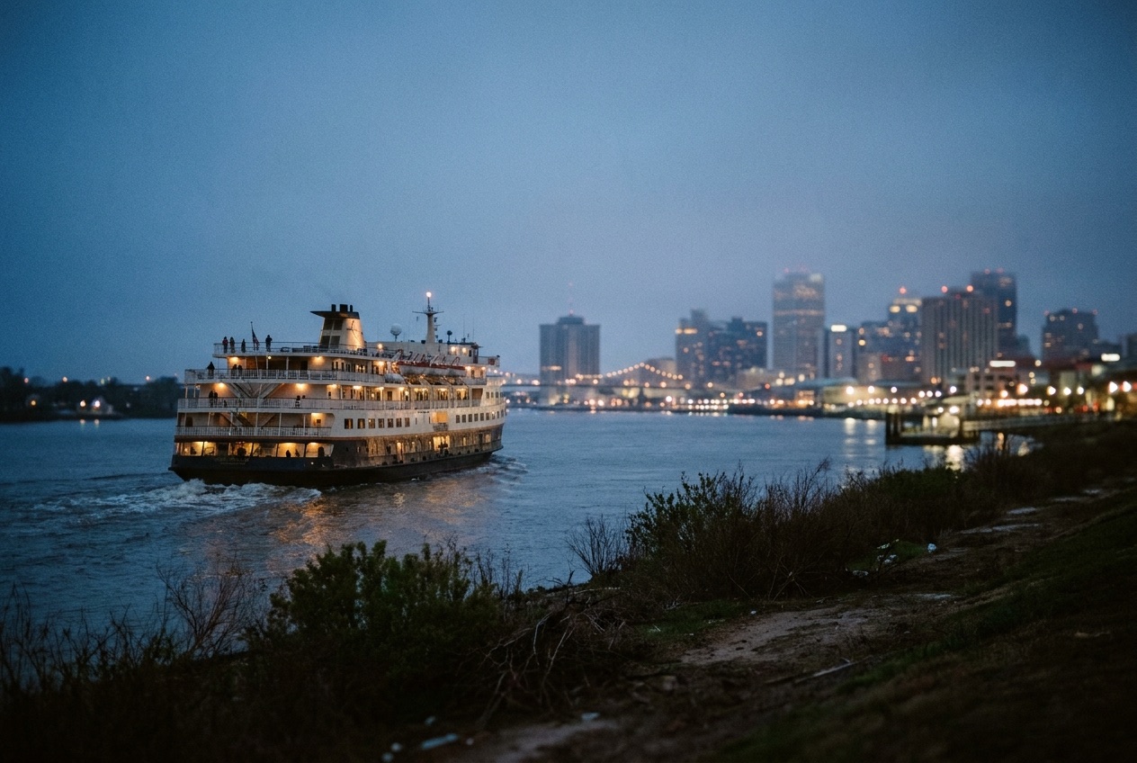 Cruise ship on the Mississippi River at New Orleans at twilight