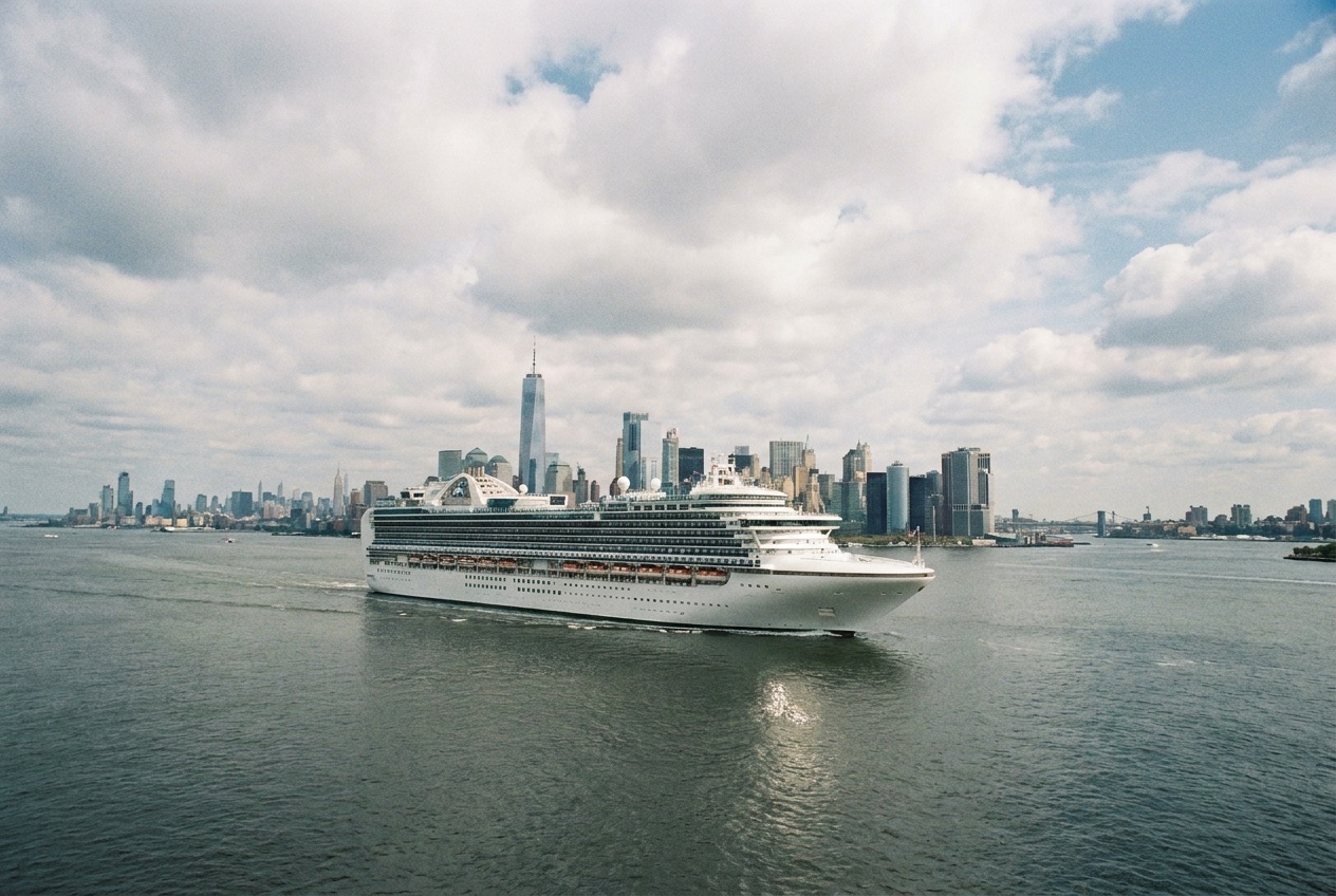 Cruise ship sailing down the Hudson River past the Manhattan skyline at dusk