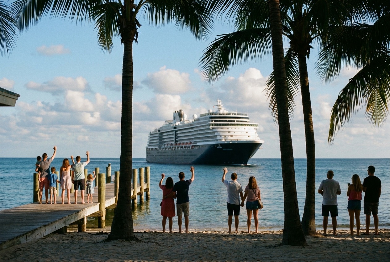 Modern cruise ship departing Port Canaveral past the beach