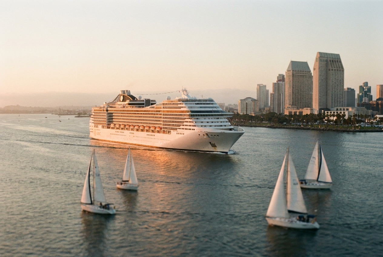 Cruise ship in San Diego Bay at sunset with the downtown skyline