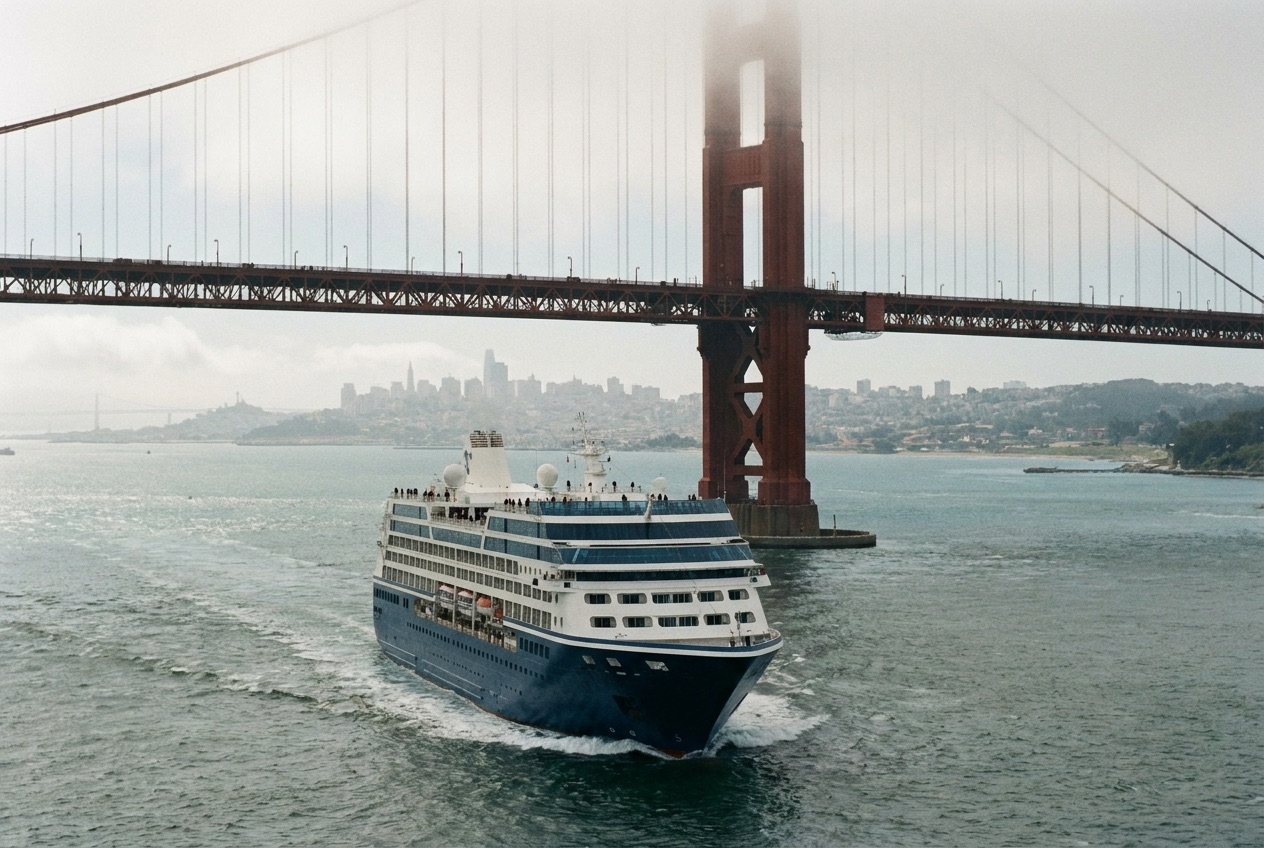 Cruise ship passing under the Golden Gate Bridge in San Francisco Bay