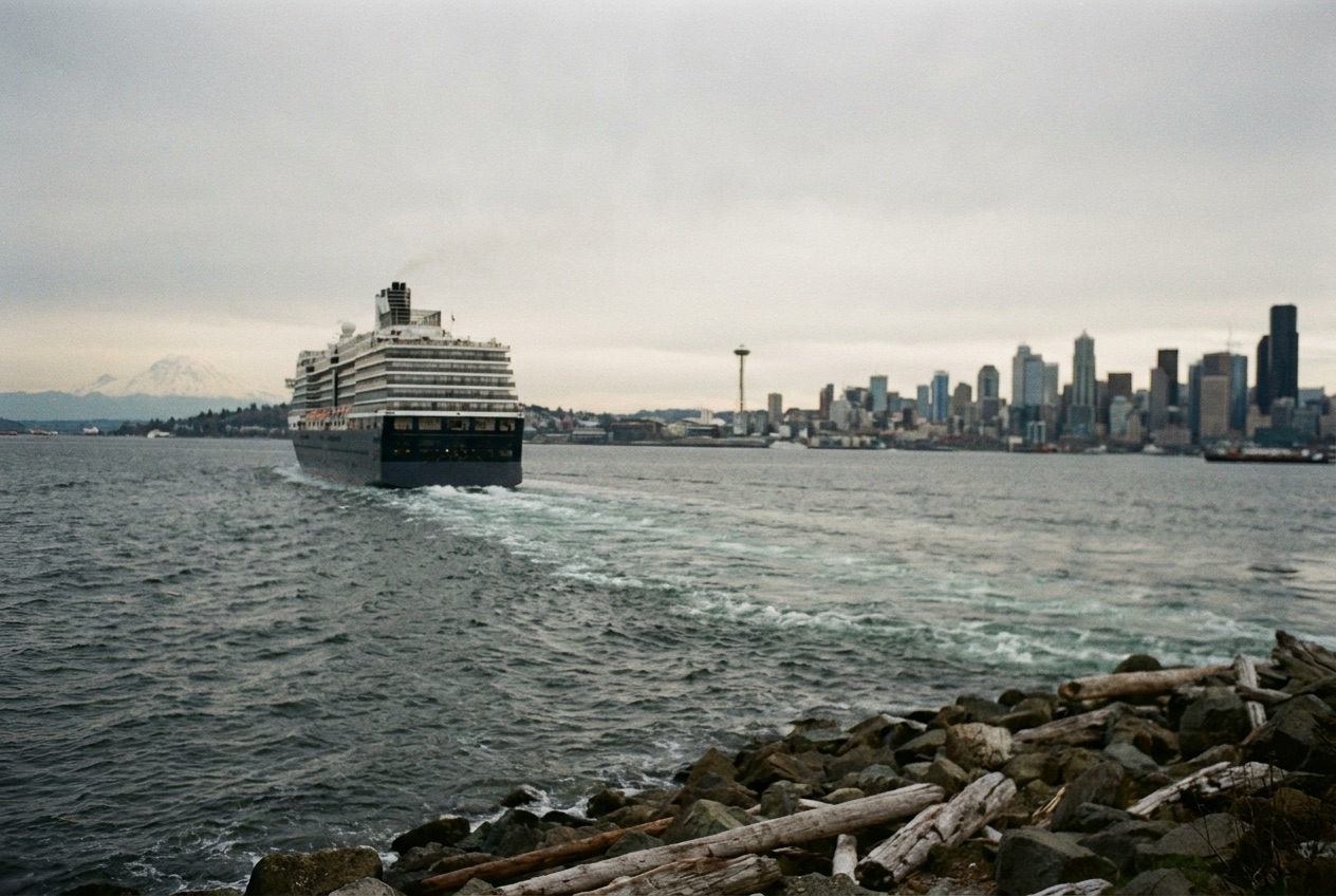 Cruise ship departing Seattle with Mount Rainier in the distance
