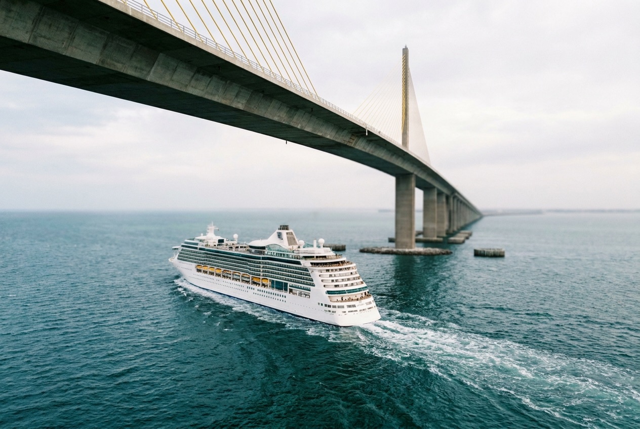 Cruise ship sailing under the Sunshine Skyway Bridge out of Tampa Bay