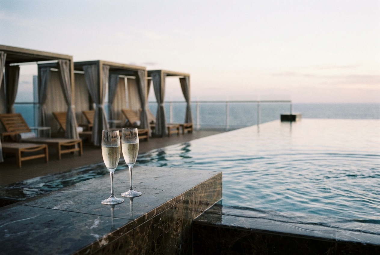 Serene adults-only cruise ship pool area at golden hour