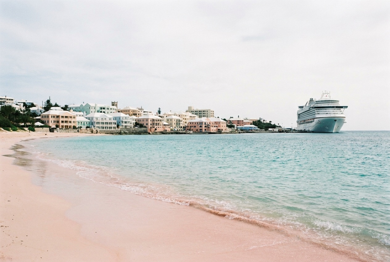 Cruise ship anchored off Bermuda with pink sand and pastel houses