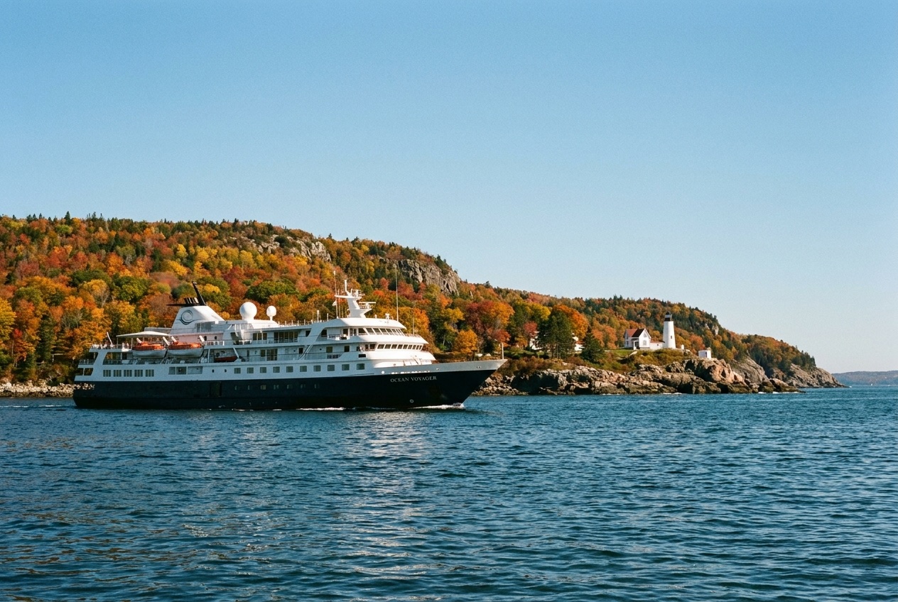 Cruise ship along the New England coast in peak autumn foliage