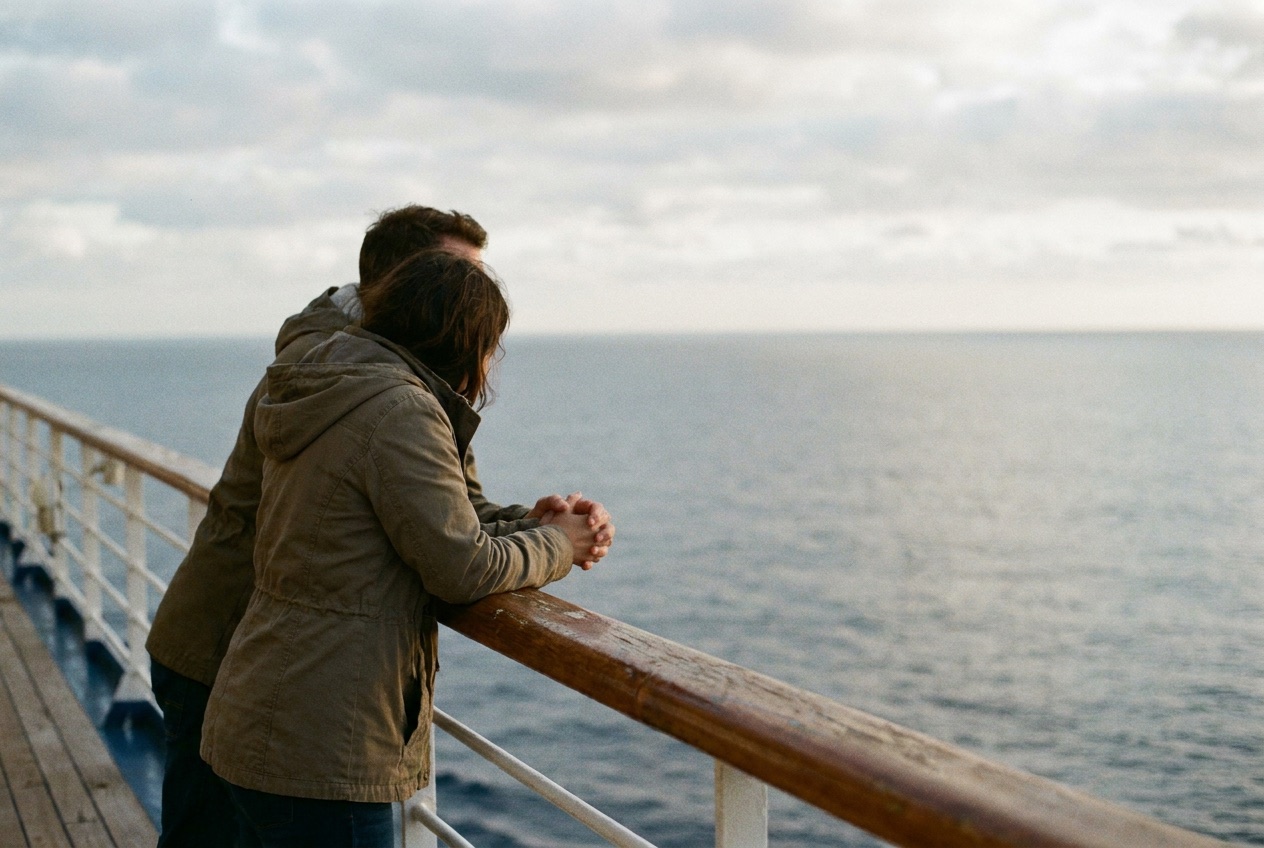 Couple embracing at a cruise ship railing at sunset