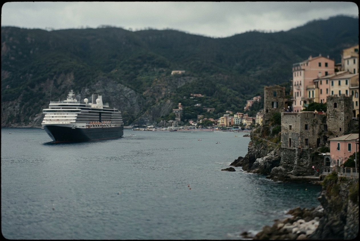 Cruise ship in a Mediterranean harbor at golden hour