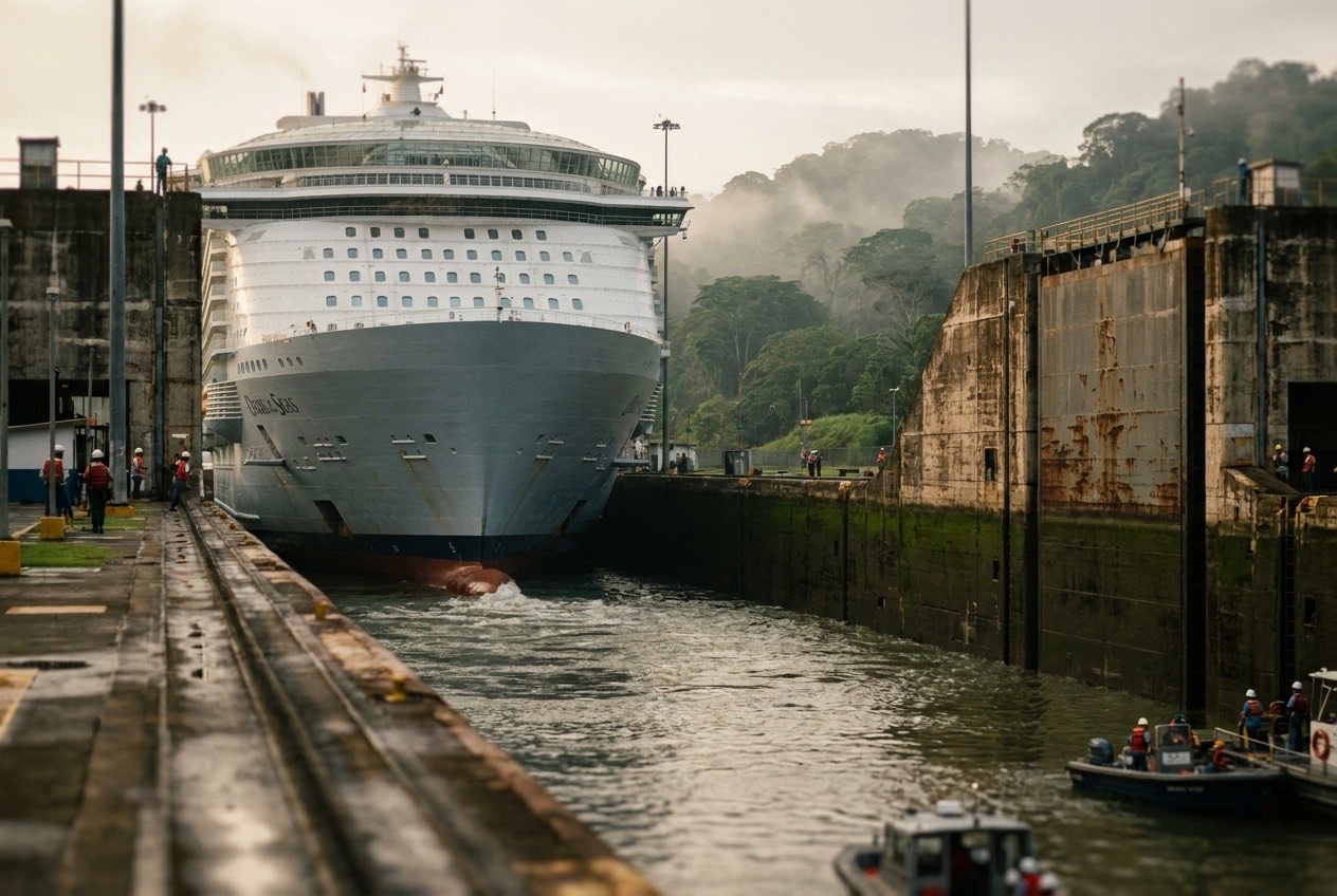 Cruise ship passing through the Panama Canal locks