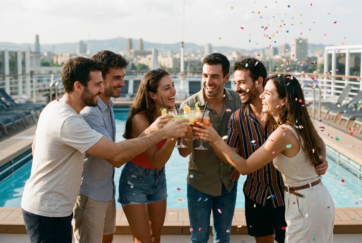 Friends celebrating at a cruise ship sailaway party at sunset